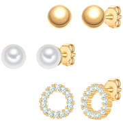 3er Set Ohrstecker gelbgold Zirkonia weiß Perle (synth.) weiß